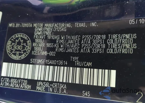 2010 Toyota Tundra Sr5 4.6L V8 z USA, uszkodzony, nr VIN 5TFUM5F15AX013614